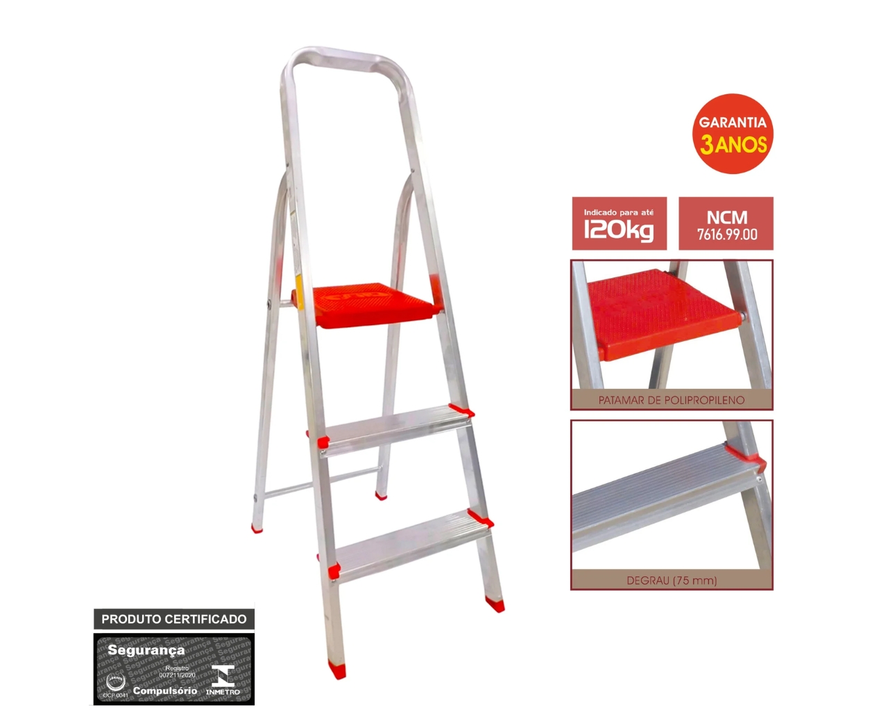 ESCADA DE ALUMÍNIO DOMÉSTICA 3 DEGRAUS